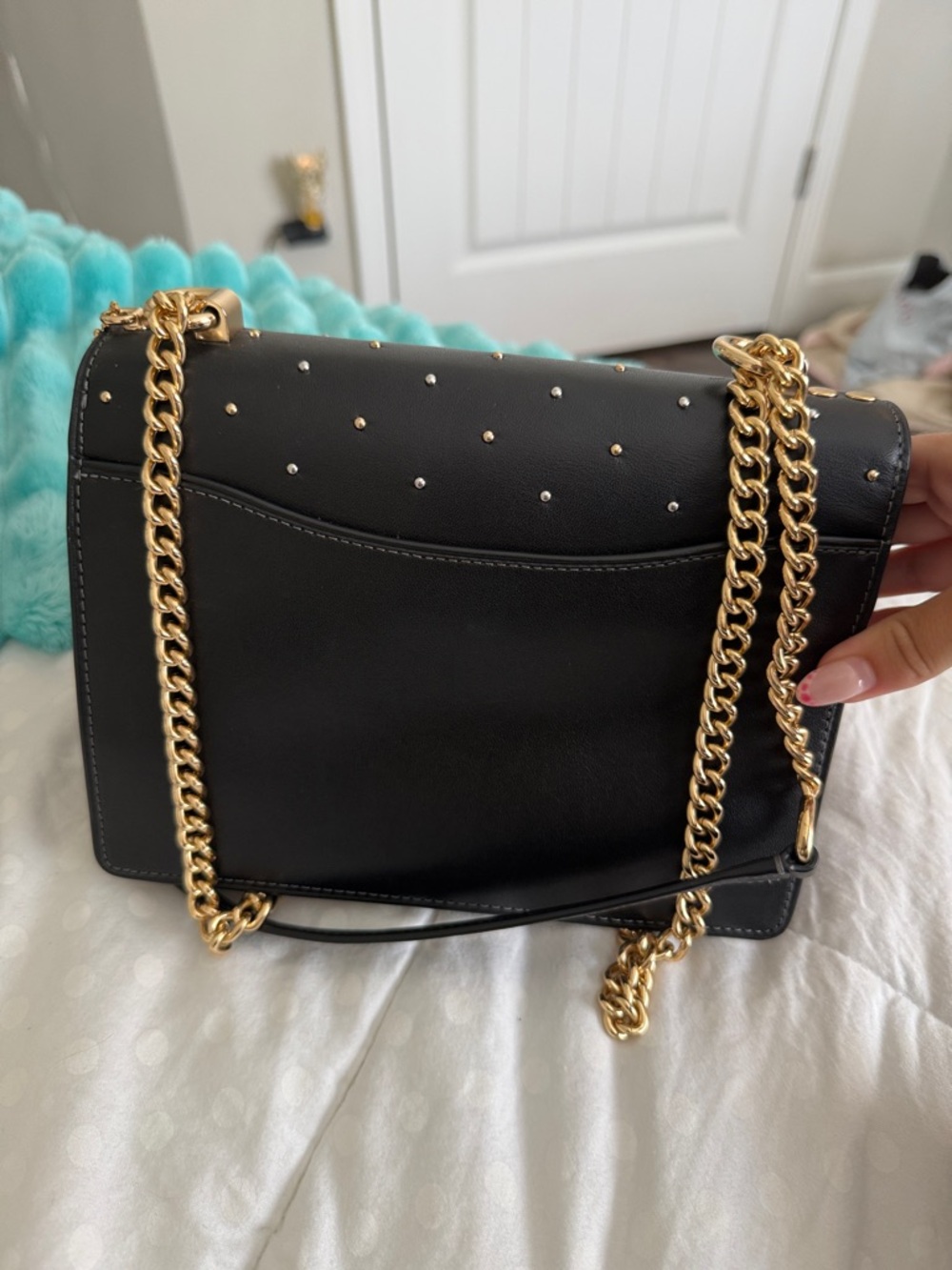 Coach Black Leather Studded Chain Shoulder Bag with Matching Black Wallet - Picture 3 of 6